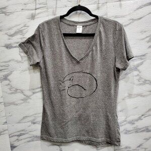 Cherry Loom T Shirt Women Size L Gray Black Sleeping Cat Art Stretch V Neck